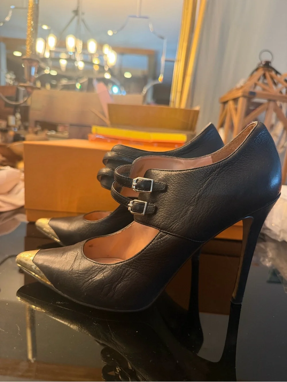 Enzo Angiolini Black Leather Double Strap Heels Gold Cap Toe size 9